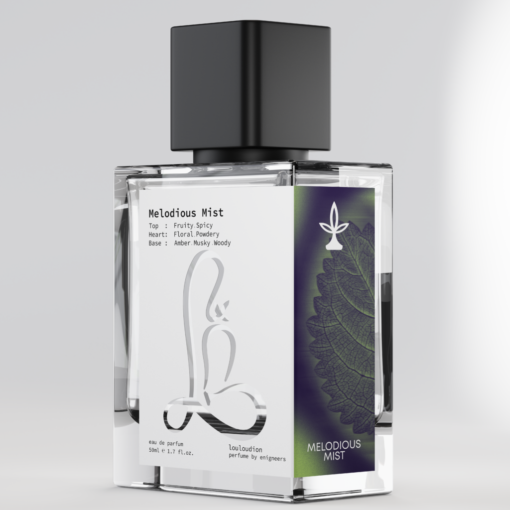 Louloudion Melodious Mist 50ml Eau de Parfum parfüm şişesi; meyveli, baharatlı, çiçeksi ve odunsu notalar içeren etiketiyle.