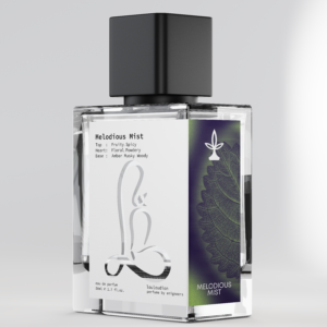 Louloudion Melodious Mist 50ml Eau de Parfum parfüm şişesi; meyveli, baharatlı, çiçeksi ve odunsu notalar içeren etiketiyle.